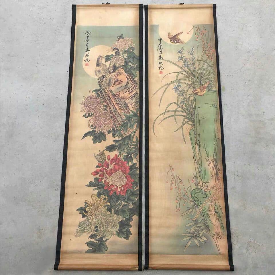 鄭板橋  古絵画  梅蘭竹菊の花鳥図   四条屏掛画 コレクション2