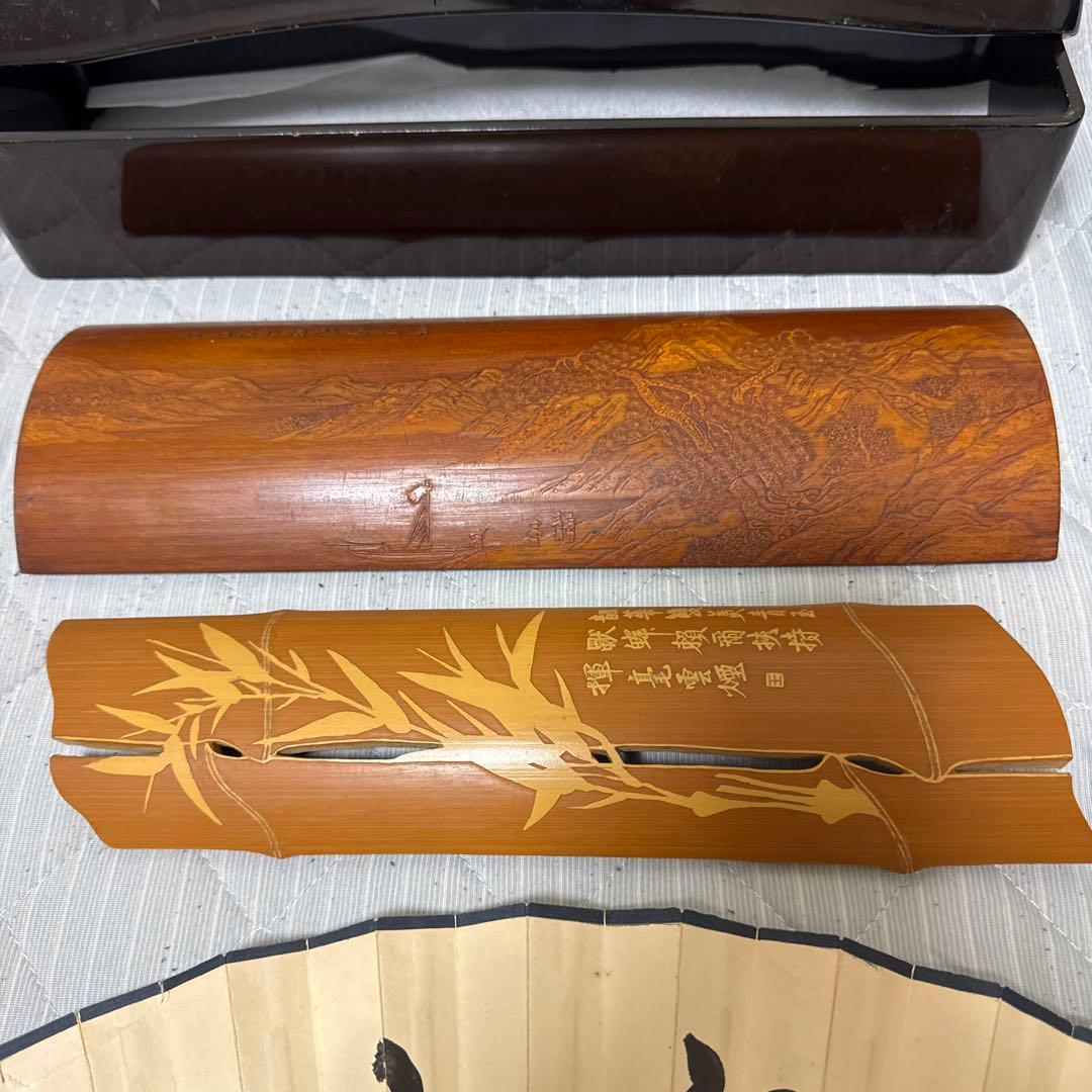 中国古美術 扇子 在銘 文房具　煎茶道具　茶合　山水人物彫　竹茶合 詩文彫