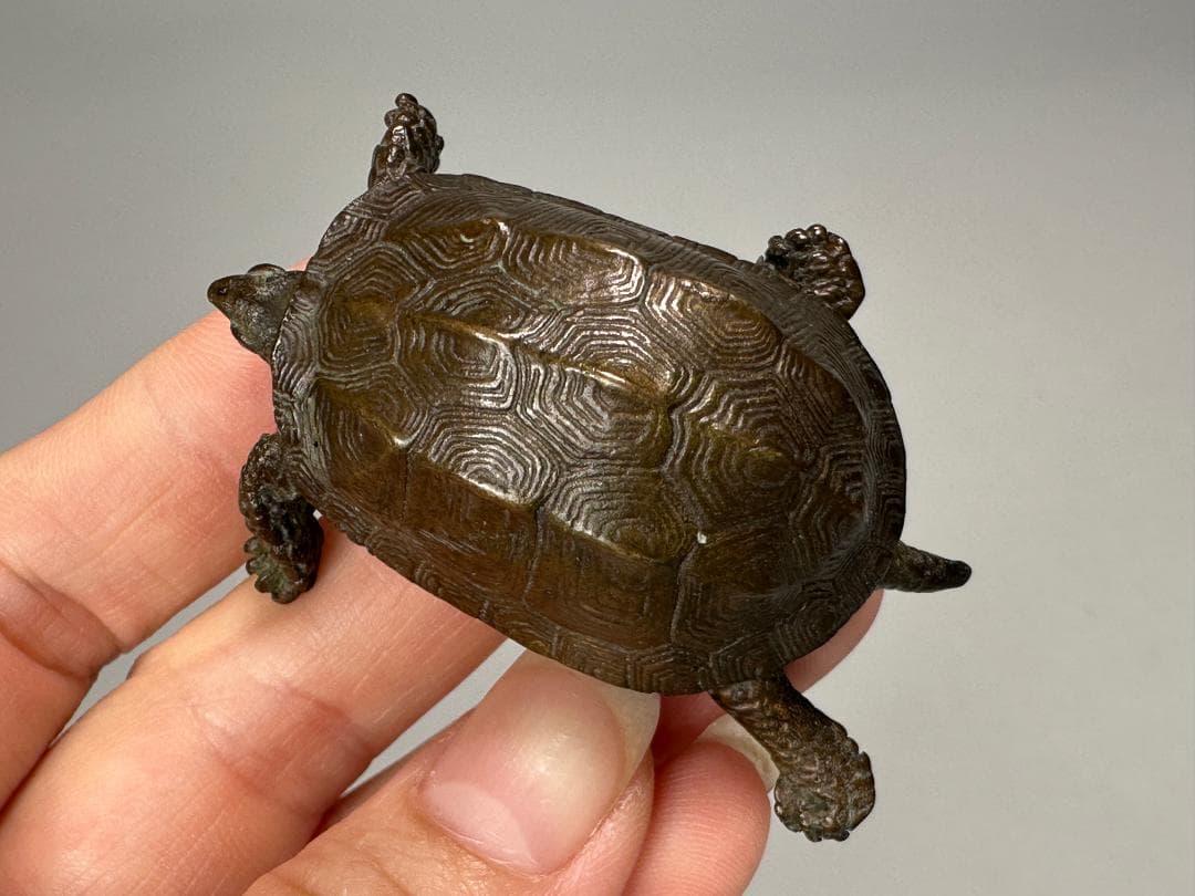 銅製　はた　在銘　亀　カメ　置物　頭尾可動式　鼈　細密細工　煎茶飾り　盆景