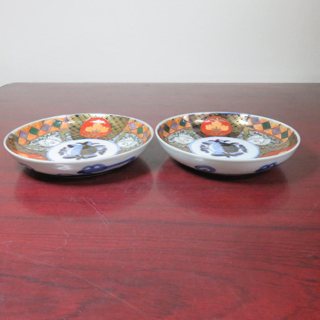 中皿 2枚 金彩 色絵付 花文様 宝文様 角富
