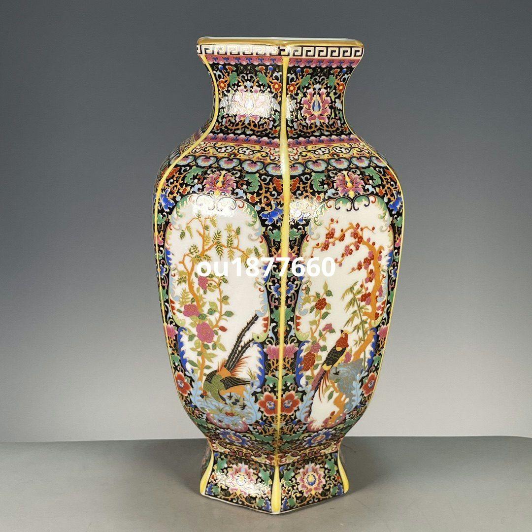 琺瑯彩六面開窓花鳥賞瓶 景徳鎮 陶磁器 装飾品 現代工芸品 美術品 置物