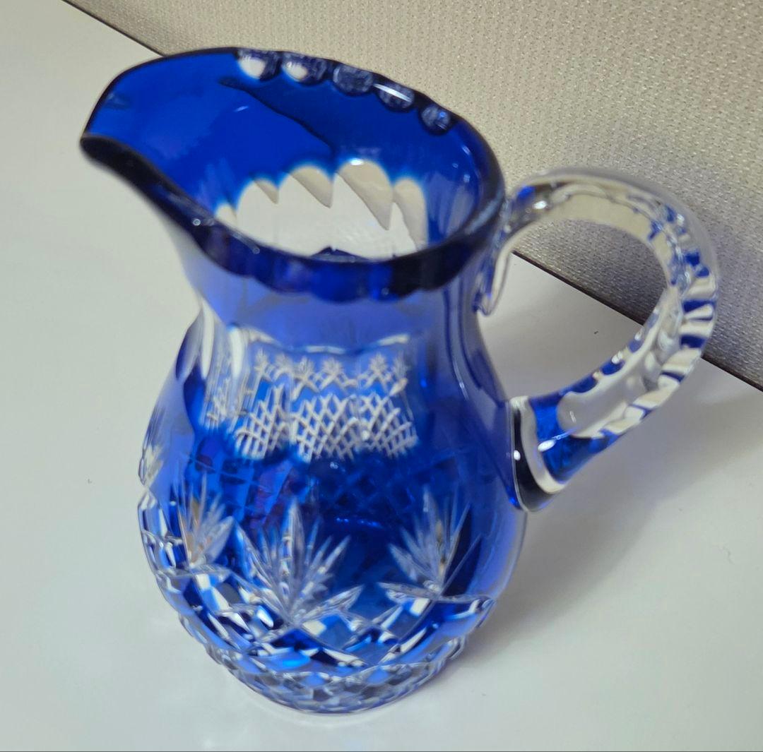 切子 ピッチャー ブルー 手付き