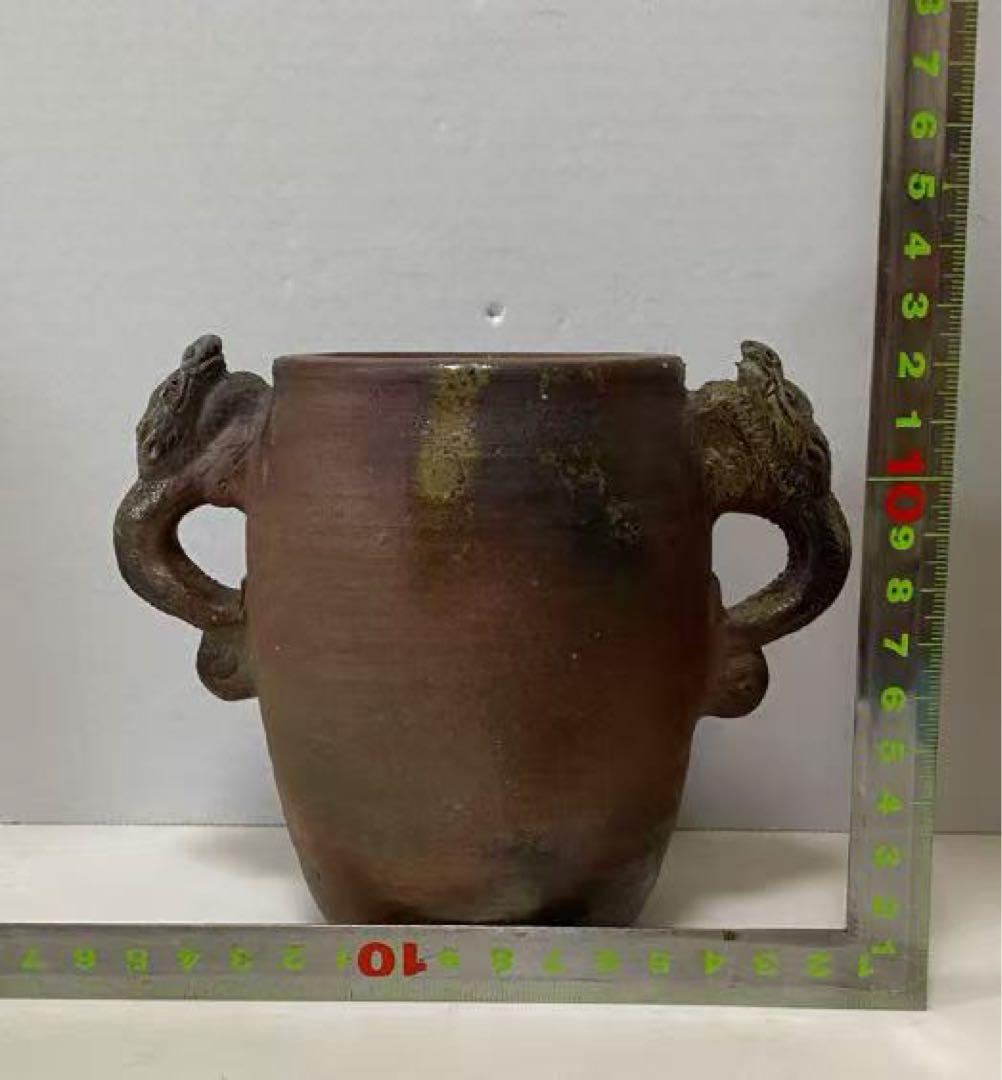 陶器骨董 雙龍型耳付花器 時代 物希少物