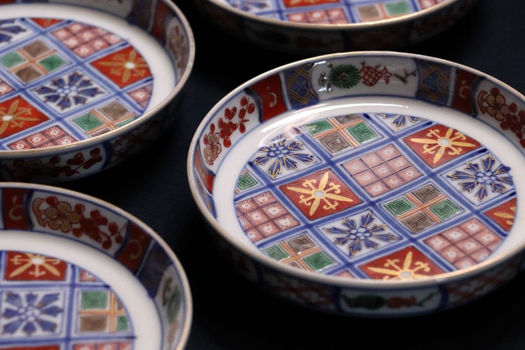 時代 大聖寺伊万里 奇玉宝鼎之珍 錦手小紋小皿 五客 12cm 色絵 MA407