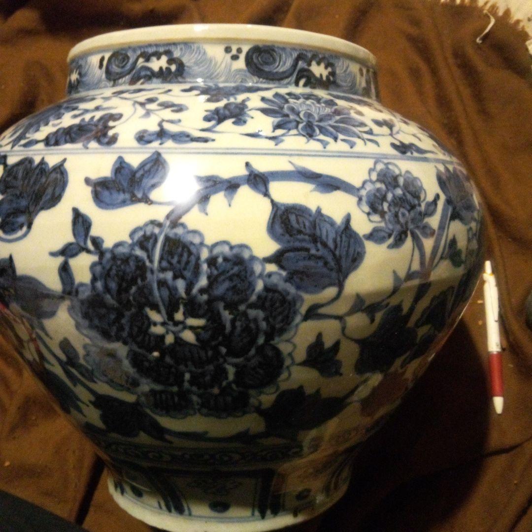 とし　中国陶磁器　元染付　草花文様大壺
