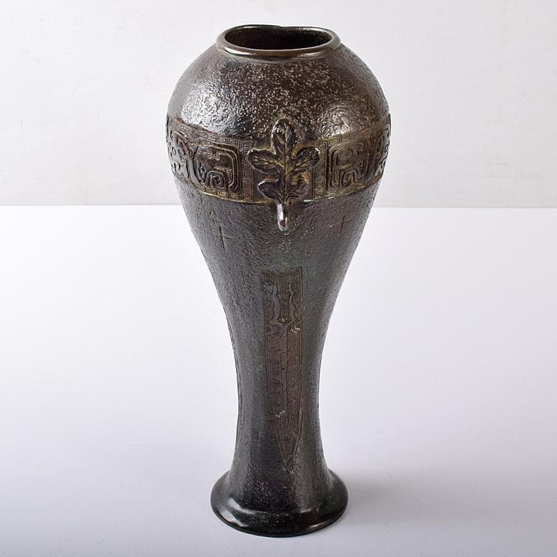 中国　古銅　漢詩饕餮文　双耳瓶　時代箱付　M　R8223B