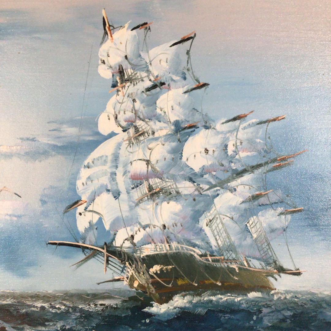 No4800 額装　油彩画　朝日　帆船　直筆サイン　箱付　絵画　美術　送料無料