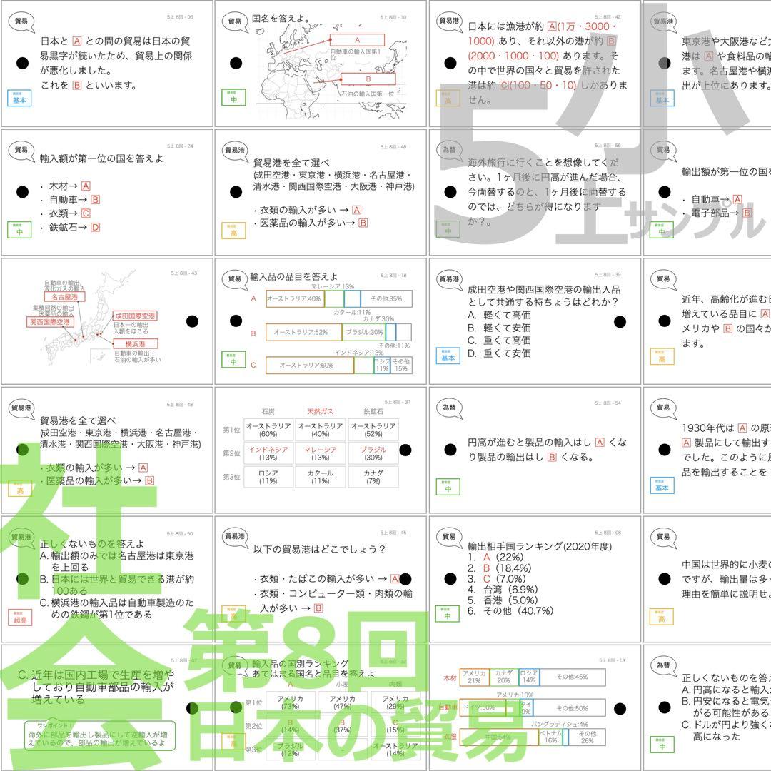 中学受験 暗記カード【5年上 社会 全セット 1-19回】組分けテスト 予シリ