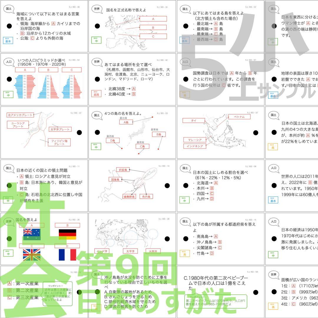 中学受験 暗記カード【5年上 社会 全セット 1-19回】組分けテスト 予シリ