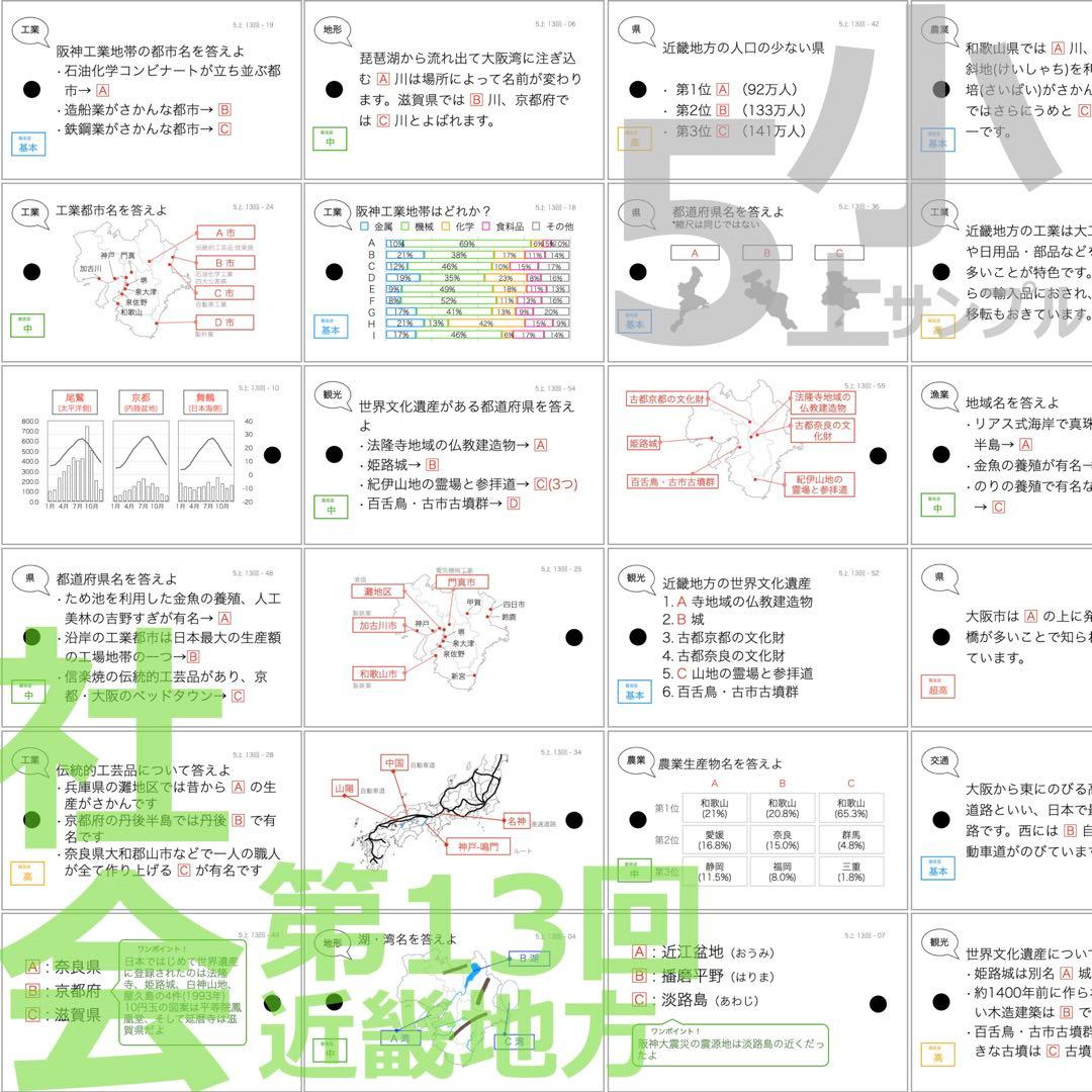 中学受験 暗記カード【5年上 社会 全セット 1-19回】組分けテスト 予シリ