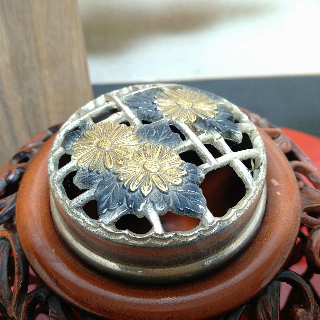 AG37 老岩作 香炉 透かし彫 金彩花図 銅製  共箱 未使用