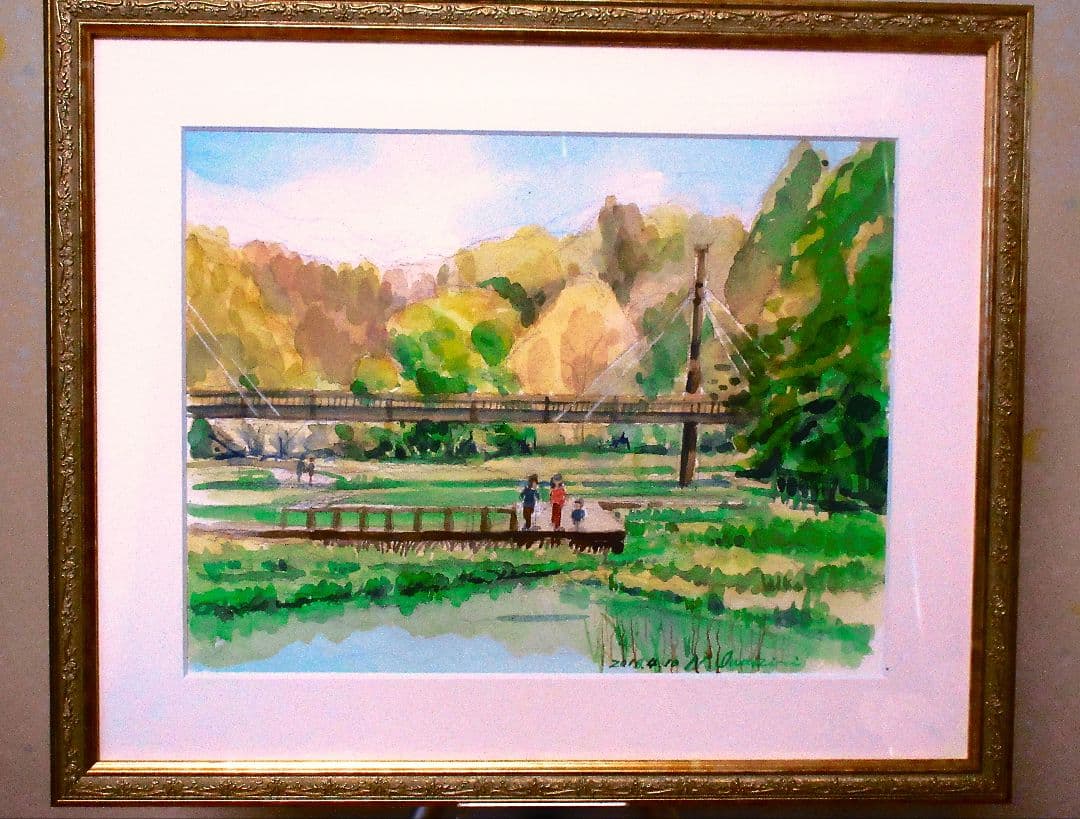 大和の公園水彩画 F6サイズ 額装済み