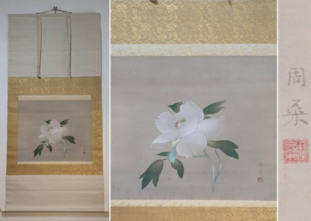 【真作】掛軸　高橋周桑　白牡丹　静寂の美　花鳥画　名品　二重箱入　R148