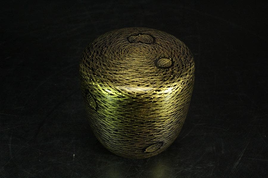 茶道具 沈金 松葉紋 棗 半洲作 共箱 美品(K-LC702)
