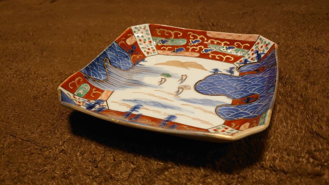 古伊万里　伊万里　色絵　山水　菓子皿　角皿　鑑賞陶器　蔵出し　１客