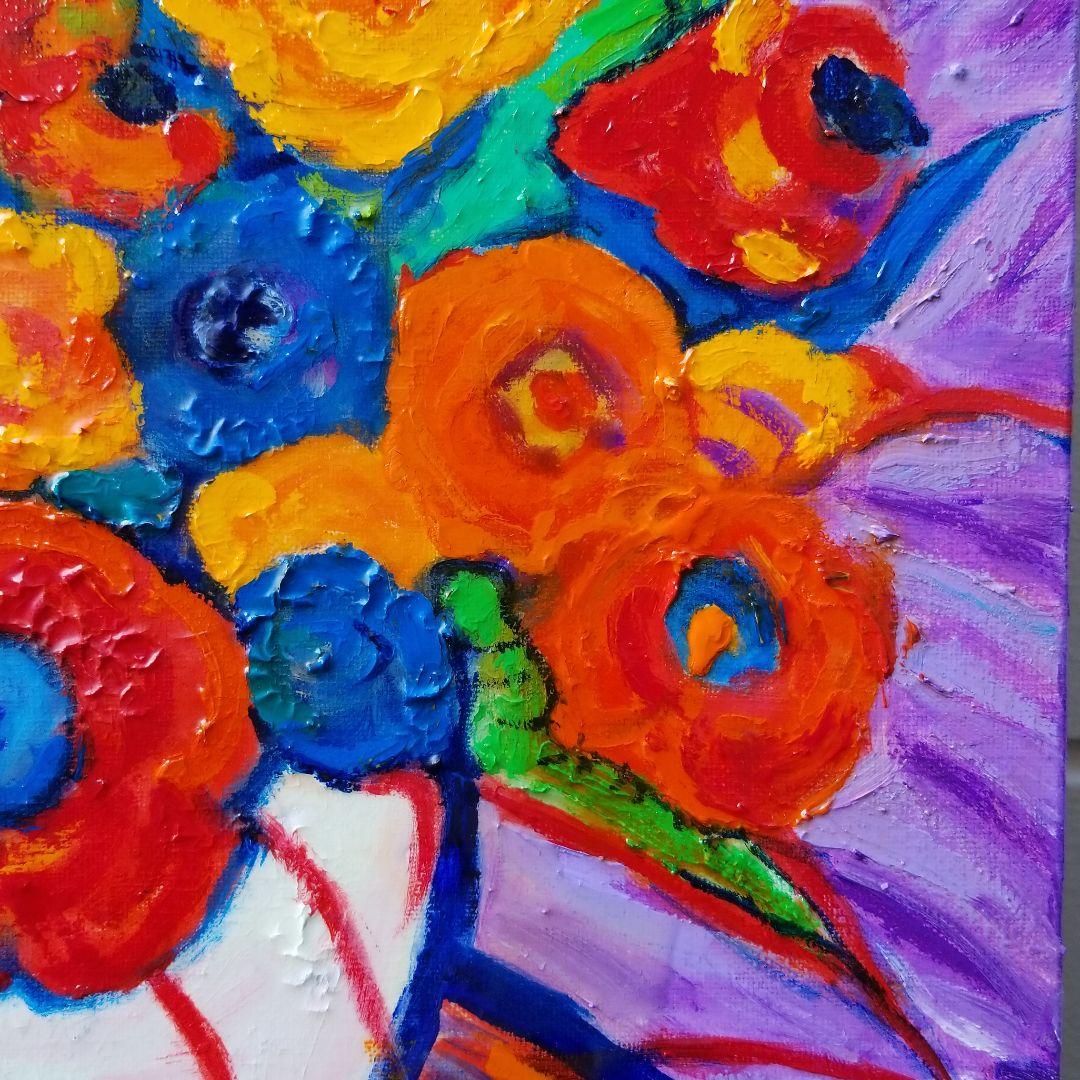 油絵　専用　赤いテーブルに置いた花瓶のお花　 抽象画