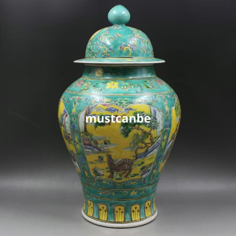清康熙緑地粉彩人物松鶴将軍缶 景徳鎮 陶磁器 装飾品 現代工芸品 美術品 置物