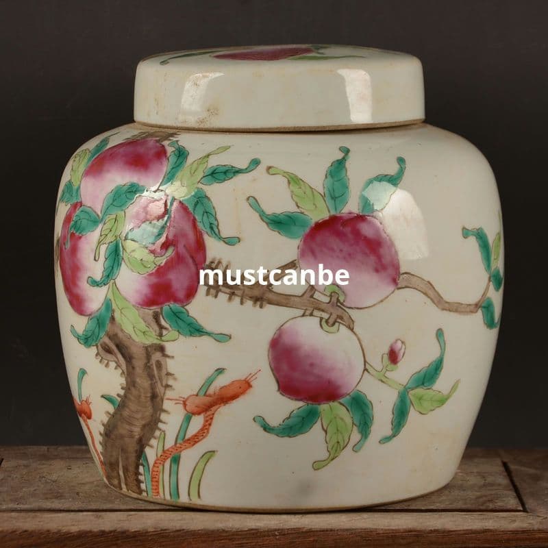絵パステル九桃蓋缶 茶筒 景徳鎮 陶磁器 装飾品 現代工芸品 美術品 置物