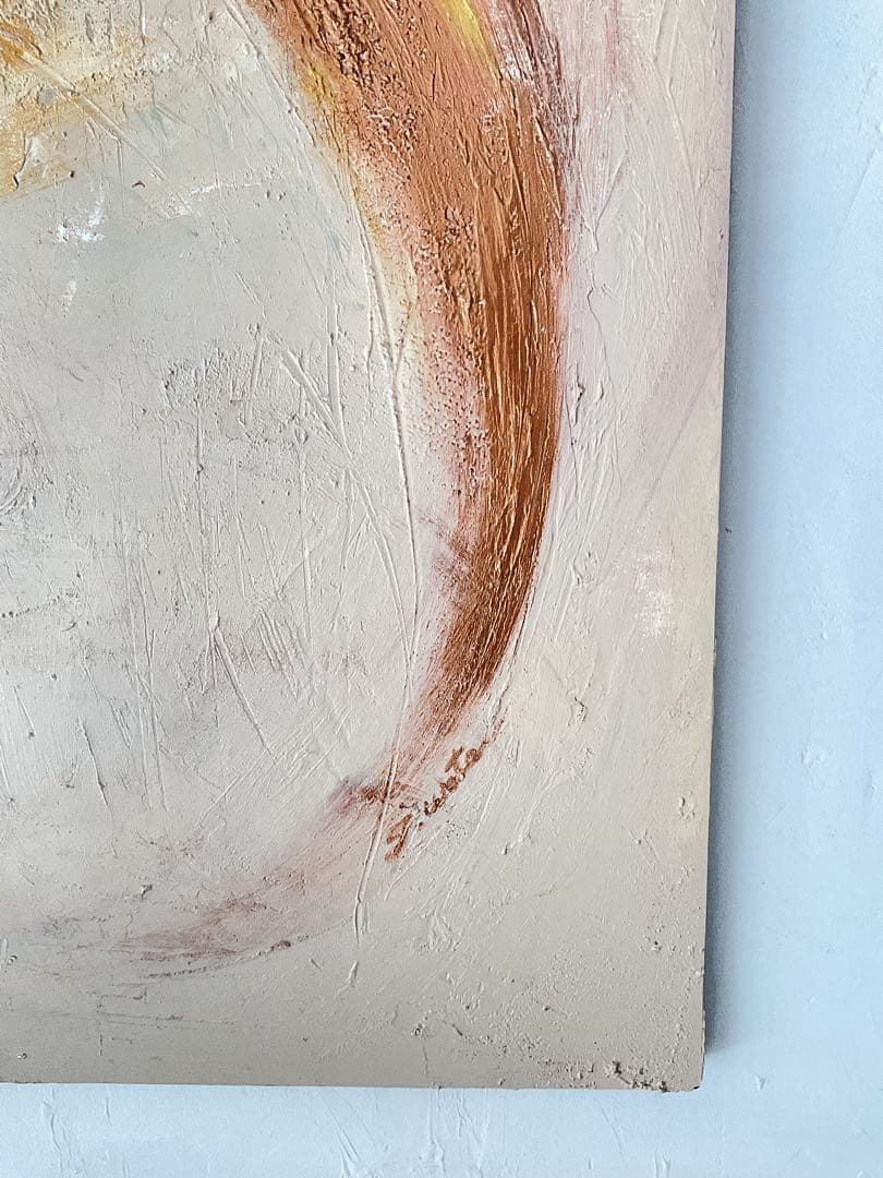 木製ベニヤパネルに描いたオリジナル抽象画オーバルシリーズ ベージュ系×ゴールド