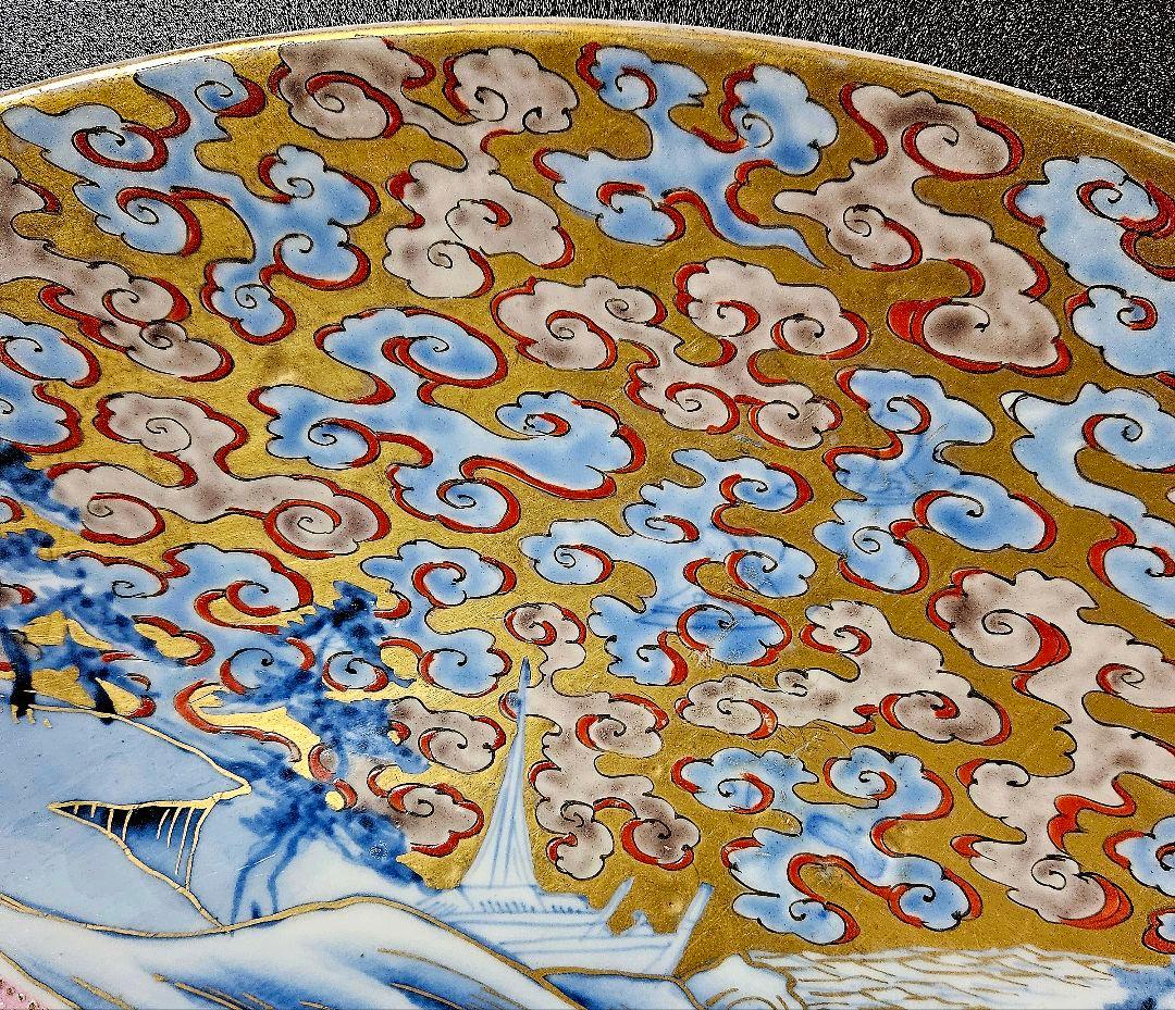 【名品❗】江戸末期～明治初期　古伊万里　金襴染錦　桜に雲錦大波市松文　最上作大皿