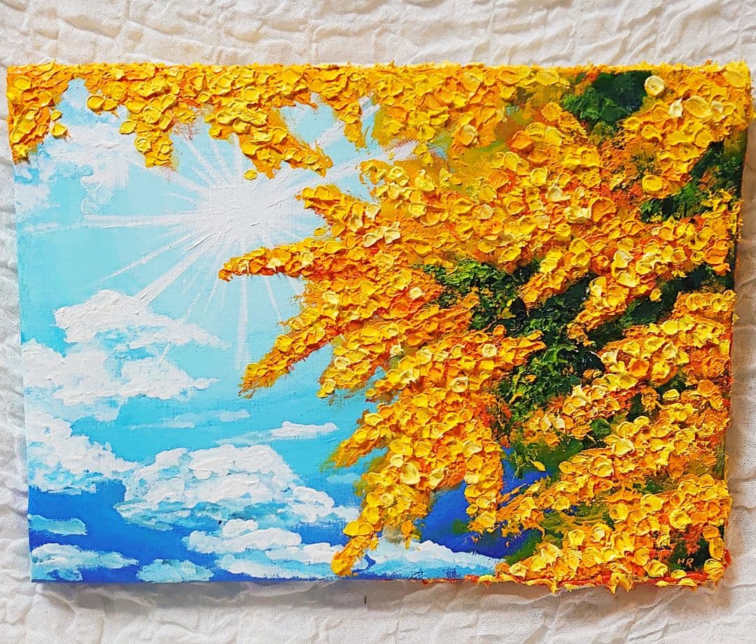 油絵 絵画 【青空に咲くミモザ】
