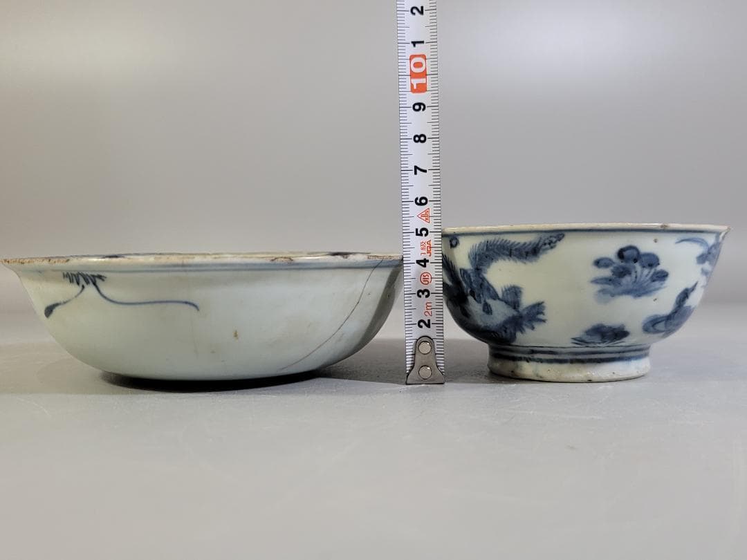 中国 古染付 水鳥 碗 馬絵 皿 二件 古美術 DT249