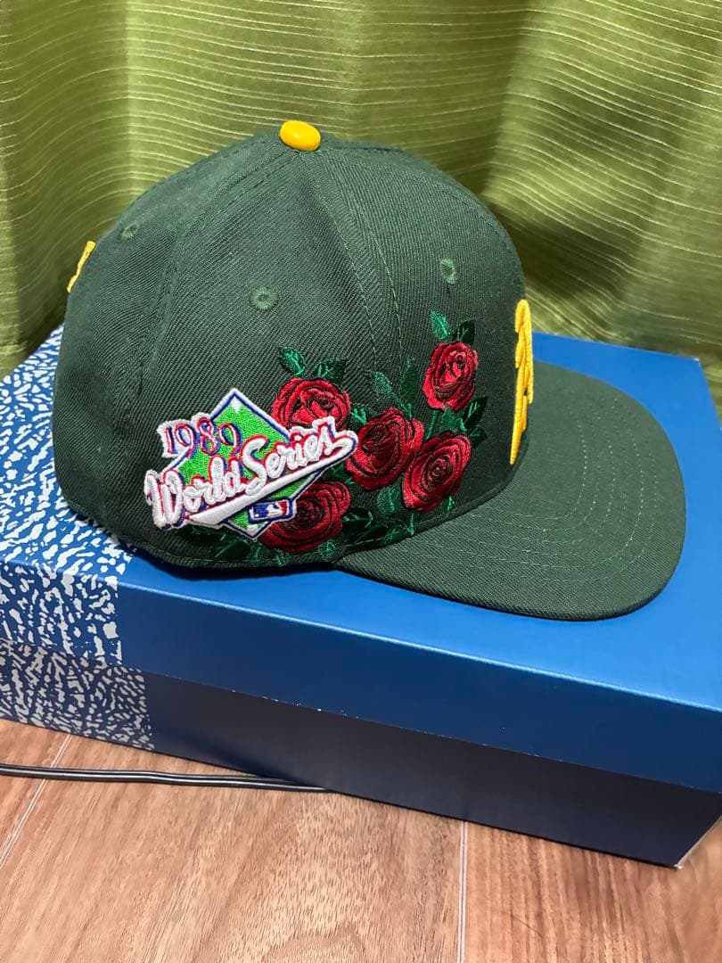 キャップ　グリーン　ピンク　メジャー　刺繍　アスレチックス　MLB ローズ　バラ