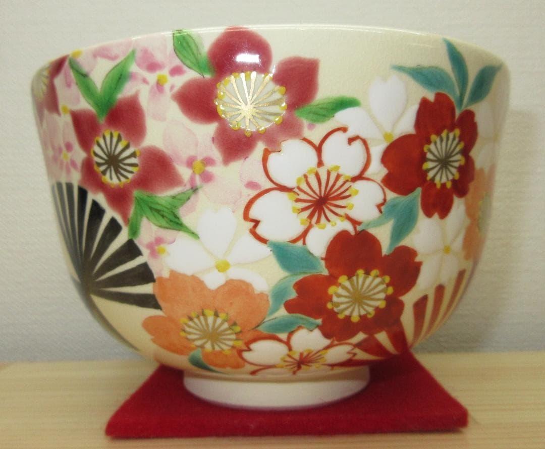 送料込【逢絢亭・新品】茶道具 茶碗 京焼 仁清写 扇面に花菖蒲の図 廣田嵩花
