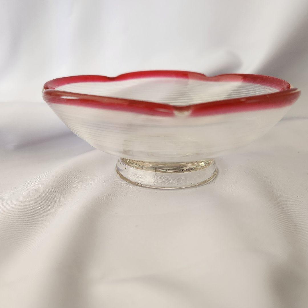 明治~大正 和ガラス 赤縁 糸巻文 鉢 千段巻 宙吹きガラス