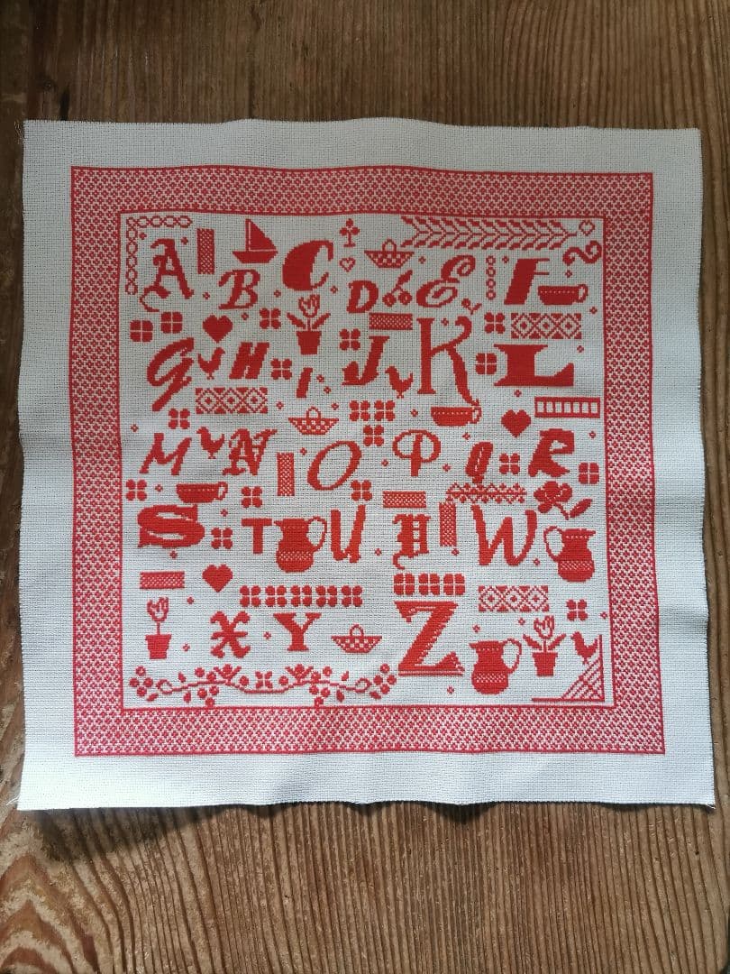 アンティークフランス マルチ文字体 カップポット植木鉢 ✜枠 赤糸刺繍サンプラー