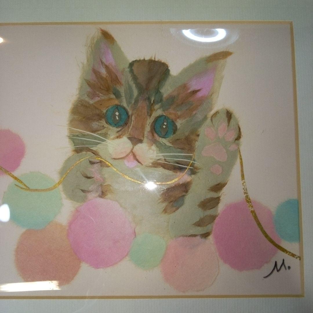 ちぎり絵　小猫と毛糸　インテリア　オブジェ　ディスプレイ　美術　アート　ART