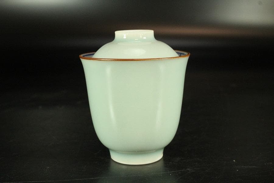 豆青釉 内青花 草花紋 蓋碗 十客(K-A747)