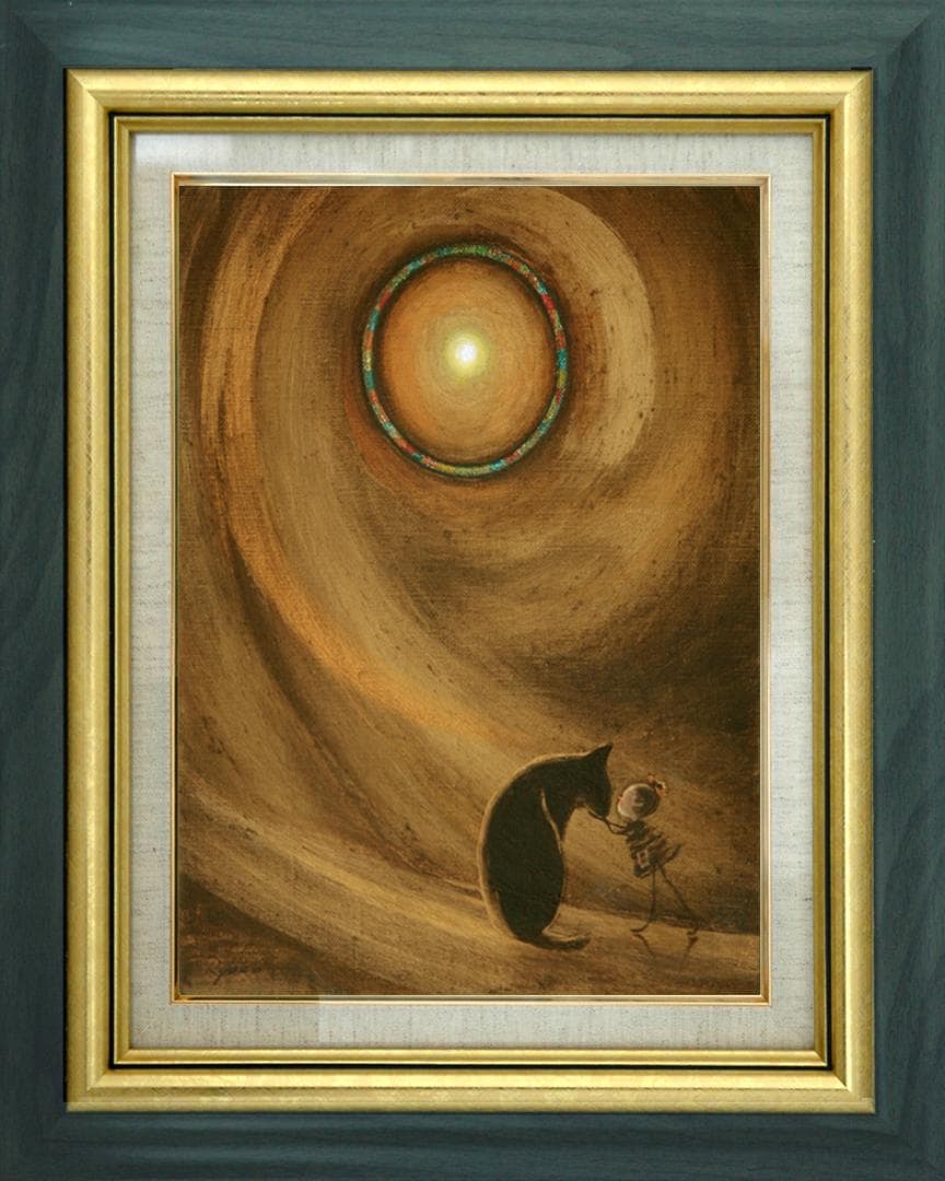 油絵 菅家令子 絵 絵画インテリア額付(黒)F3-072819 祈り子犬猫女の子