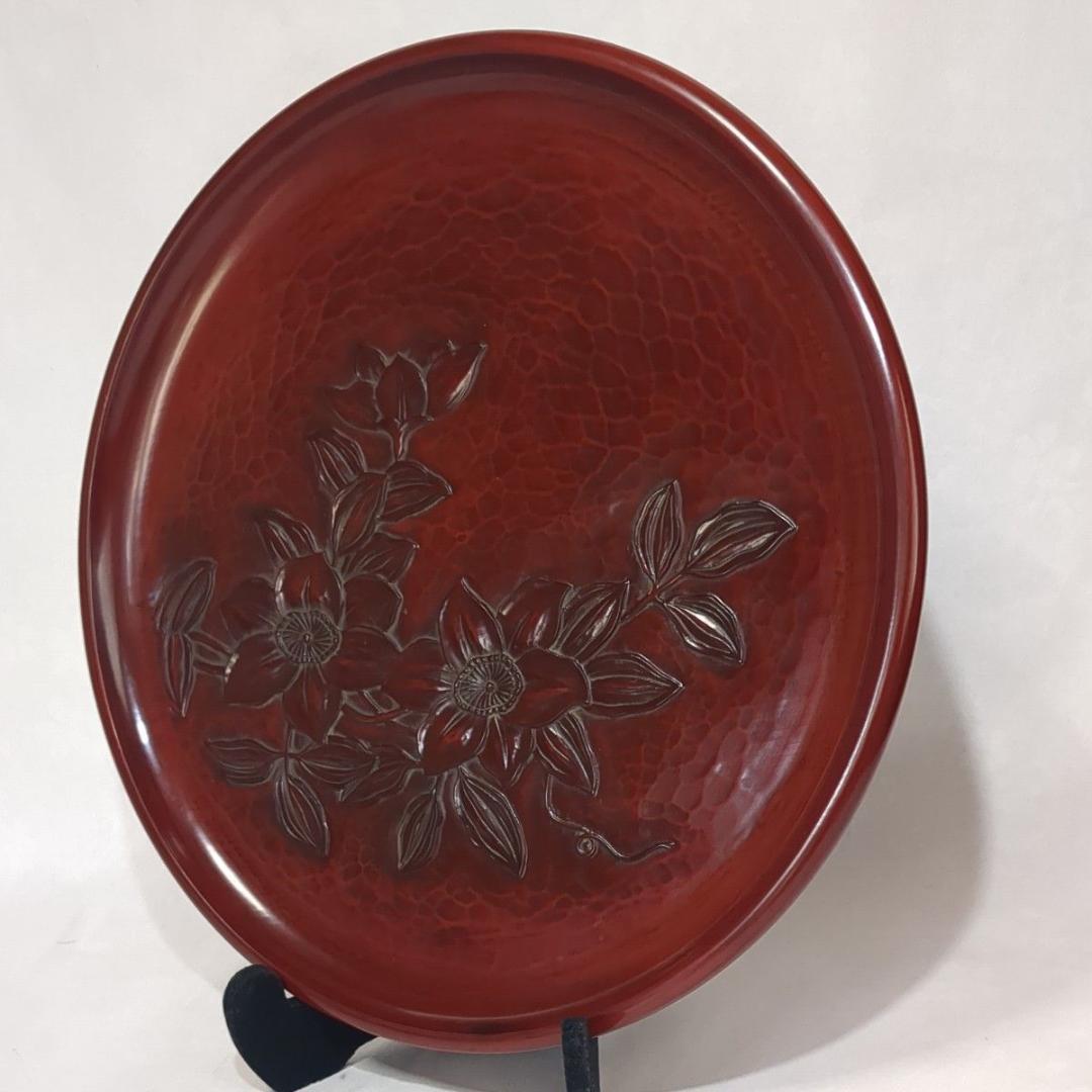 鎌倉彫 丸盆12寸(直径36.5cm) 鉄線柄 花柄 大サイズ木製盆 極美品