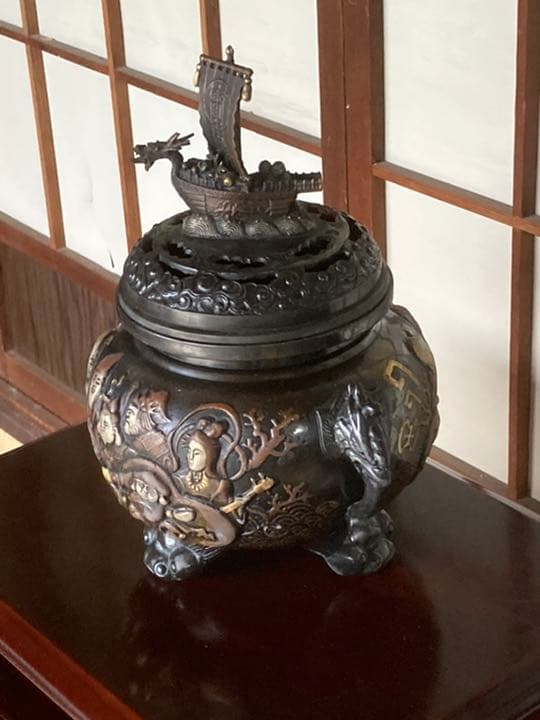 大型七福神銅香炉共箱付 銅器 アンティーク 骨董 高岡 仏具