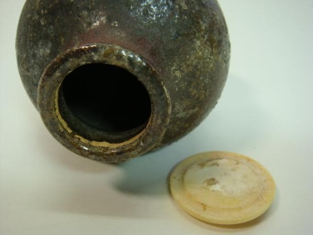 茶入■古い時代物古備前茶入れ 瓢箪型 牙蓋 古陶器 お茶道具 時代物 骨董品■
