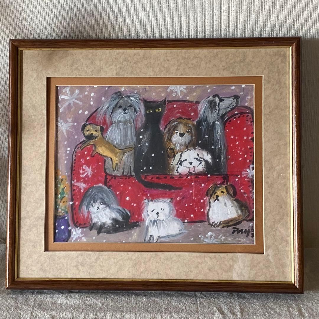 絵画。原画手描き【雪が降る冬、かわいい犬と猫の楽しい写真記念】