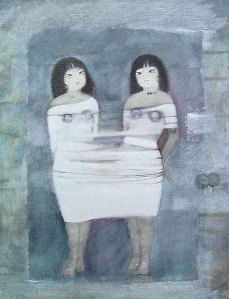 油絵 菅家令子 絵 絵画インテリア額付(青緑＋金色の枠) F6-102023女性