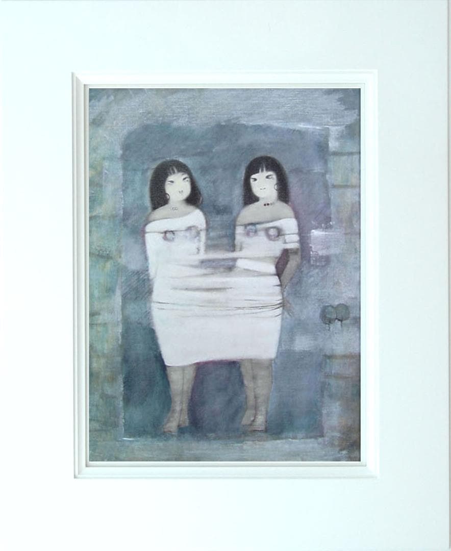 油絵 菅家令子 絵 絵画インテリア額付(青緑＋金色の枠) F6-102023女性