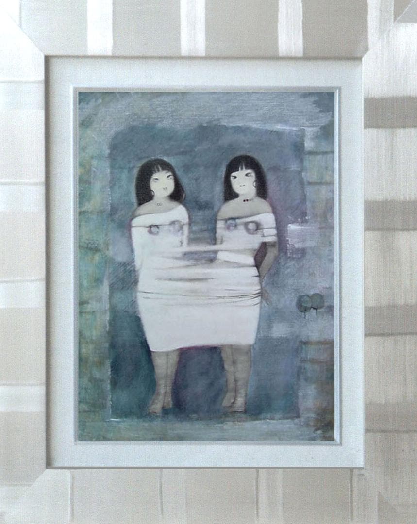 油絵 菅家令子 絵 絵画インテリア額付(青緑＋金色の枠) F6-102023女性