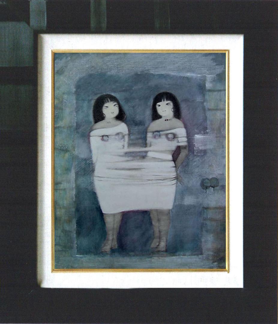 油絵 菅家令子 絵 絵画インテリア額付(青緑＋金色の枠) F6-102023女性