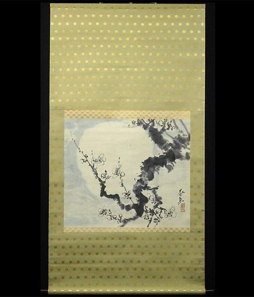 【真作】掛軸 大平華泉『梅月』日本画 紙本 肉筆 共箱付 掛け軸 p02073