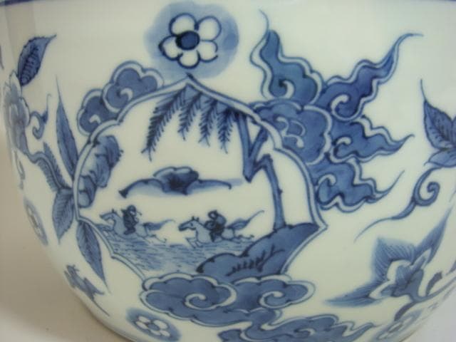 水指■古い染付平水指 静山造 漆器蓋 窓菱形絵変わり山水人物図 茶道具 骨董品■