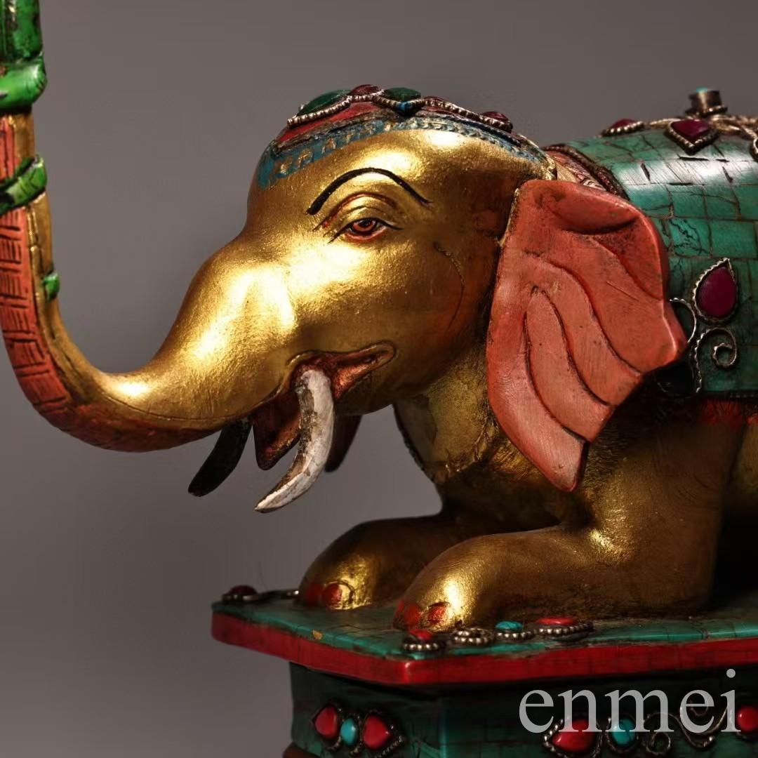 中国古美術・チベット収蔵・宝石を嵌め込んだ彩絵描金の象形油灯・燭台一対・風水開運