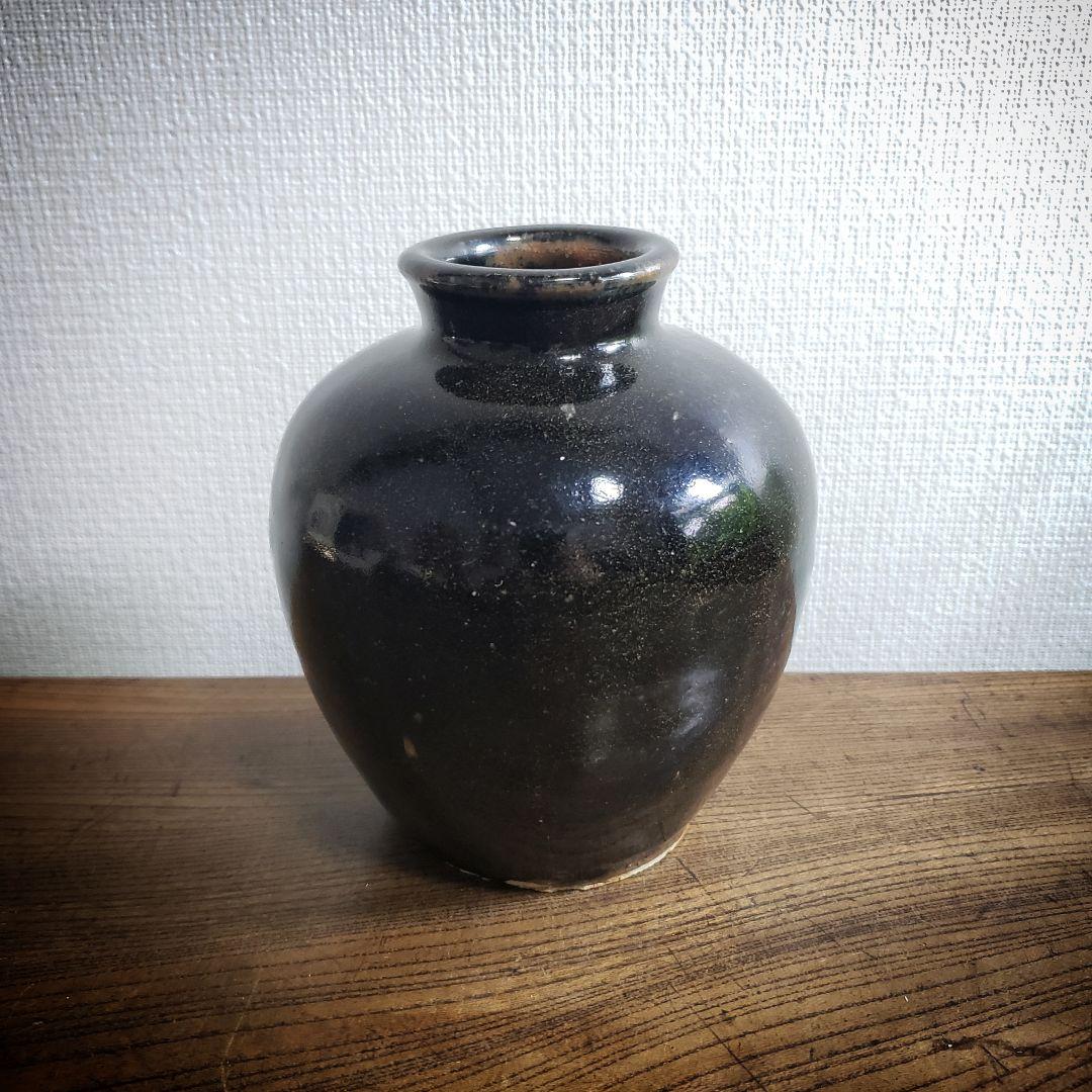 ★花器　壺　黒釉　花瓶　水壺　明治　大正