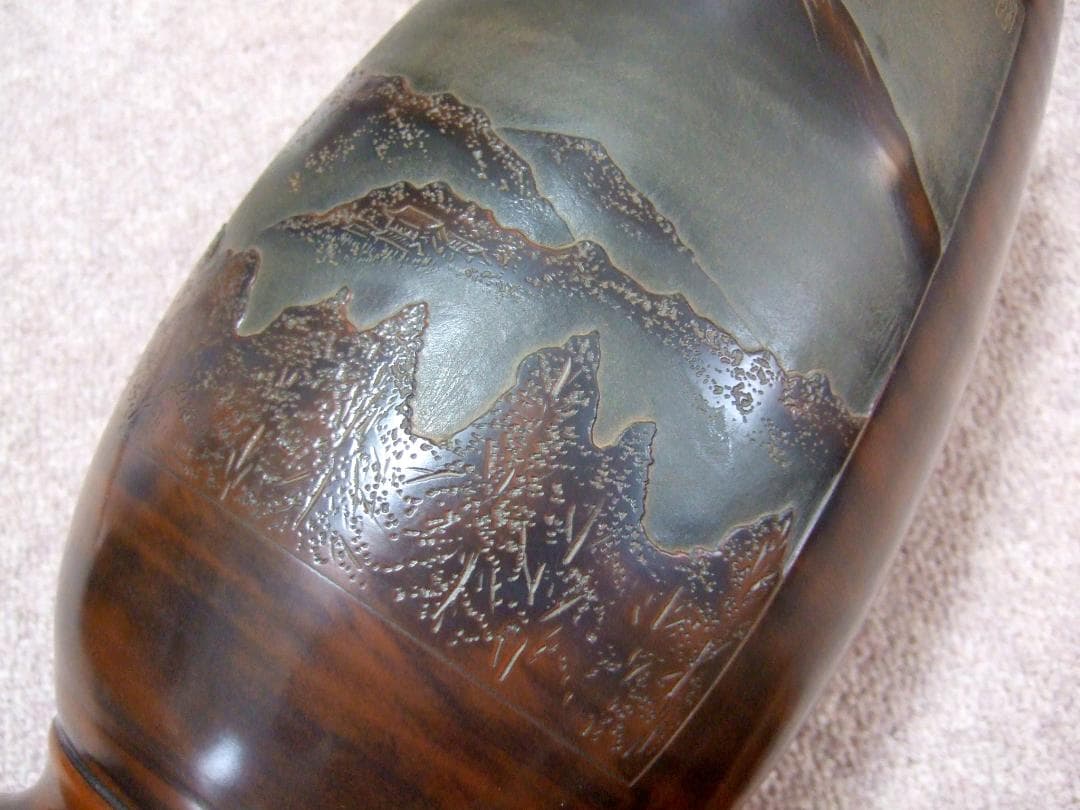 中国美術 欽州 泥興陶 山水彫刻 浮彫 窯変 飾り壺 / 富士山 花瓶 花器