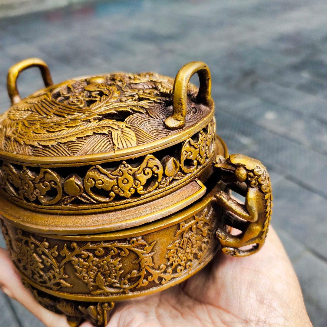 龍鳳香炉 銅 細工 装飾品 現代工芸品 美術品 置物