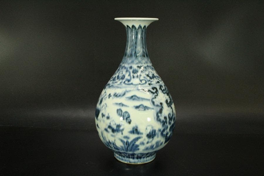 中国美術 青花 古染付 唐物 唐子紋 瓶 高22.5cm 永楽年製(LC516)