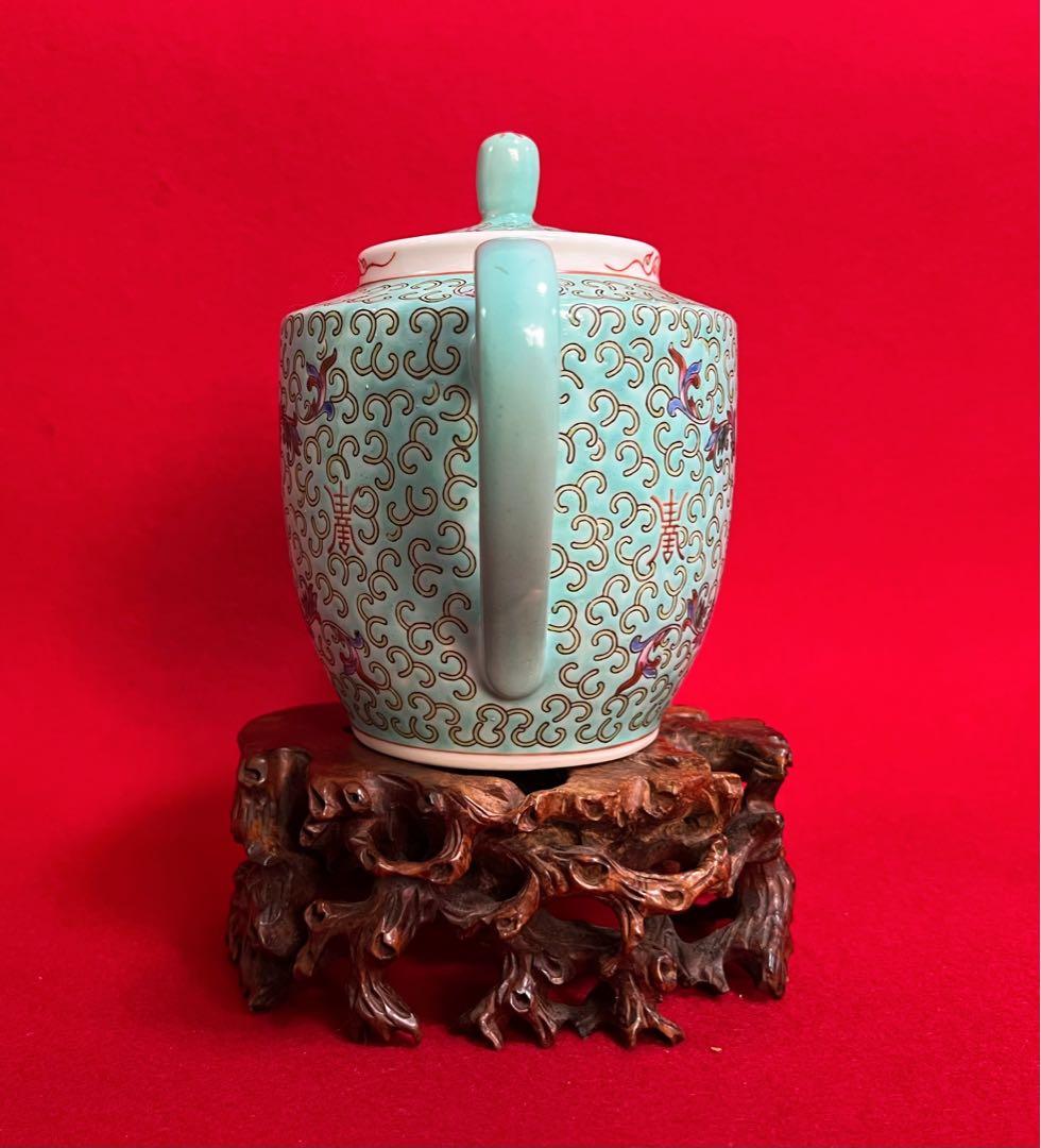 中国美術 粉彩福壽双全蝙蝠 壽 花柄 大茶壺 大急須 水注 中國景德鎮 茶道具