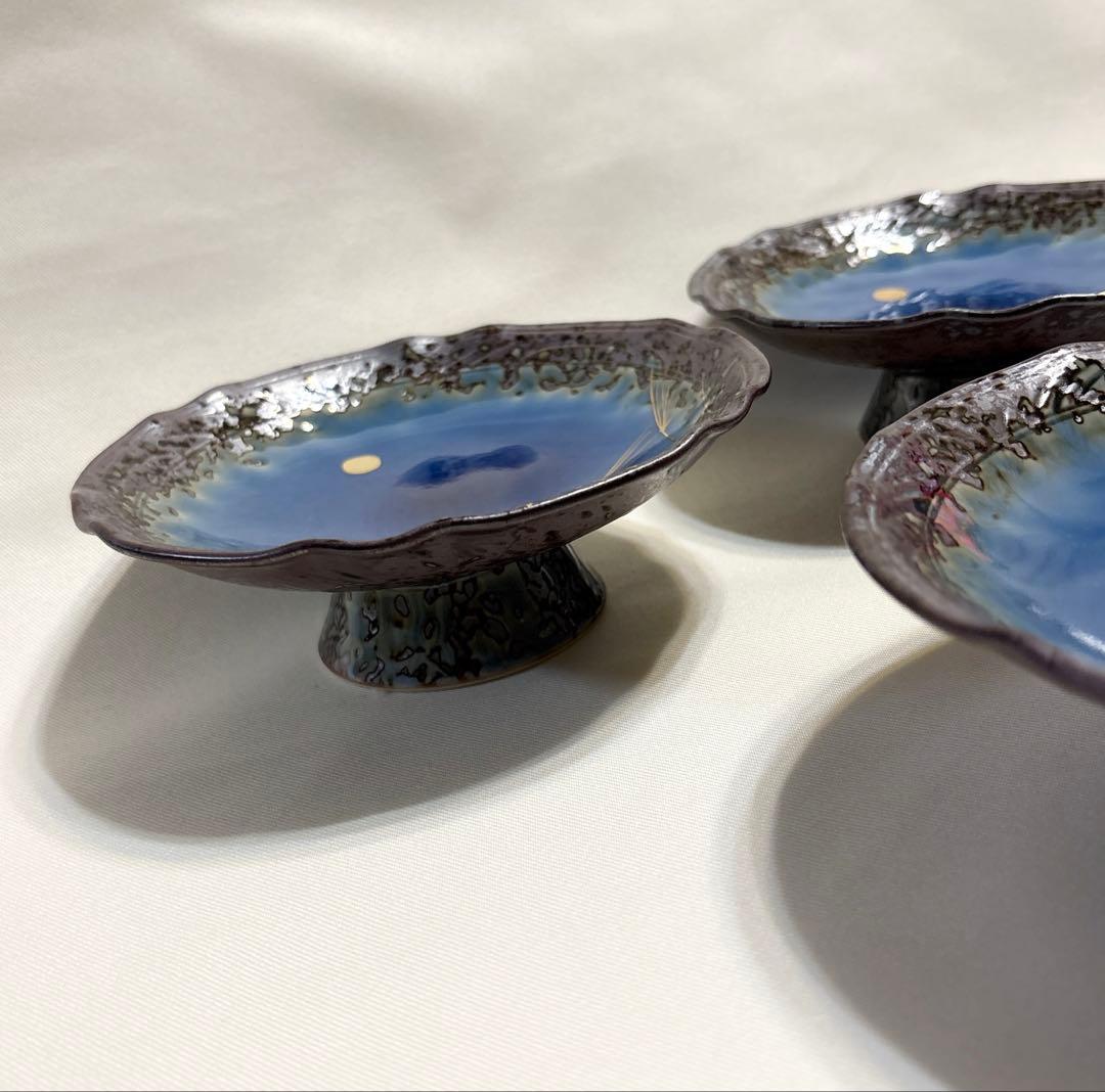 有田焼 堅窯 南蛮瑠璃 高台皿 5客 陶芸 南蛮ルリ 刺身皿 盛皿 ススキ 月見